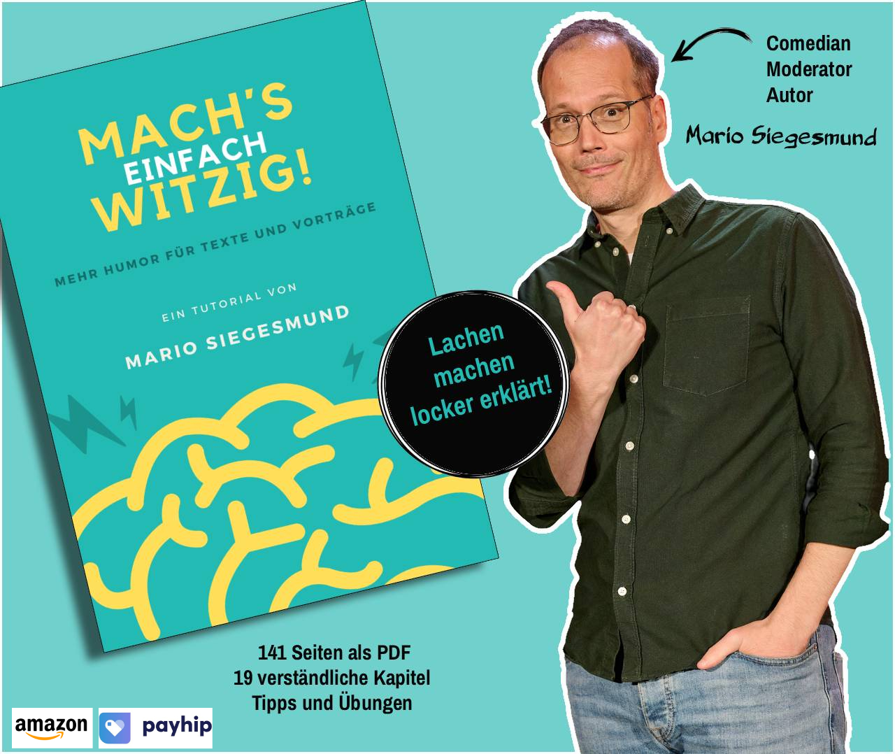 Buchcover „Mach's einfach witzig“ mit Mario Siegesmund. 141 Seiten als PDF, 19 verständliche Kapitel, Tipps und Übungen